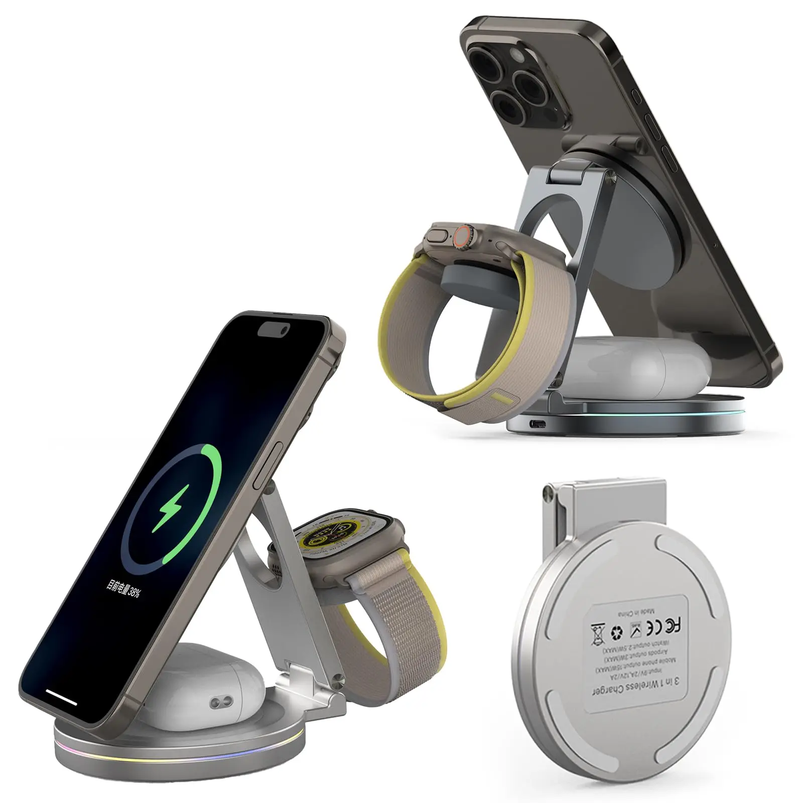 Wireless Charger Watch - Foldable 3-in-1 Magnetic Wireless Charger, 360º